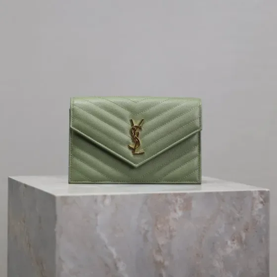 YSL Cassandre Matelass Envelope Wallet On Chain Light Green Woc