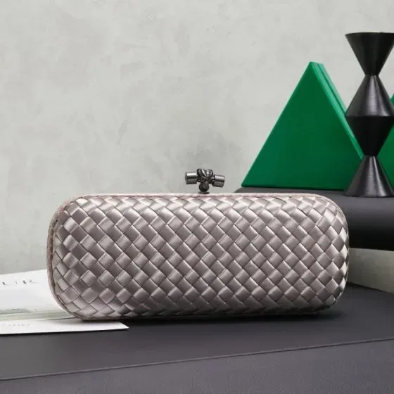 Bottega Veneta Intrecciato Satin Knot Clutch Silver Clutch