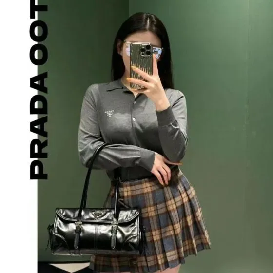 Prada Medium Leather Top-Handle Bag With Buckles Black Shoulder Bag