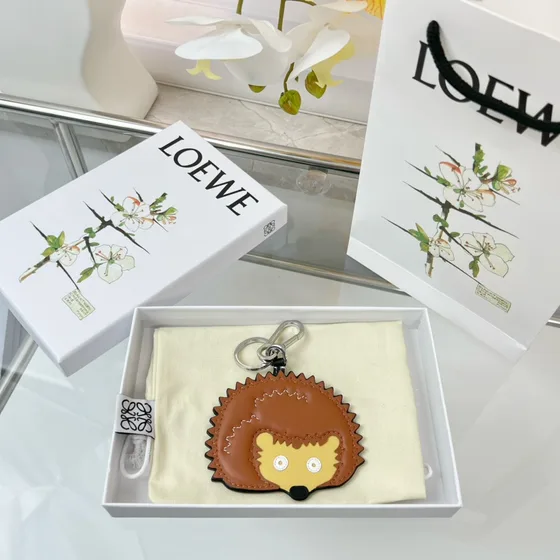 Loewe Hedgehog Charm Keychain Brown Yellow Pouch