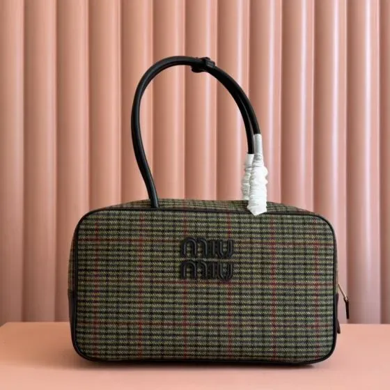 Miu Miu Beau Top Handle Bag Khaki Plaid Top Handle