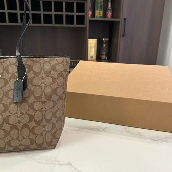 Coach Zip Top Tote In Signature Canvas Khaki Black Tote Bag