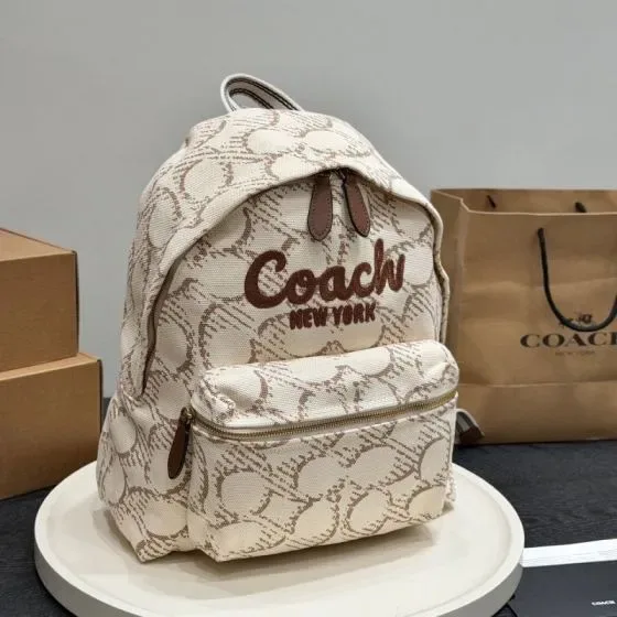 Coach Signature Canvas Backpack With Coach New York Script Beige Brown Backpack