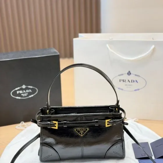 Prada Medium Leather Handbag With Belt Black Top Handle