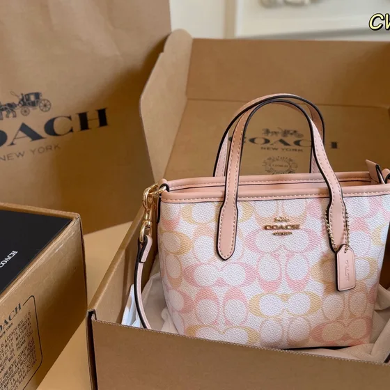 Coach Mini City Tote In Signature Canvas With Heart Print White Pink Tote Bag