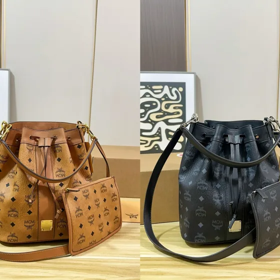 MCM Dessau Visetos Drawstring Bucket Bag Cognac 22*26cm Shoulder Bag