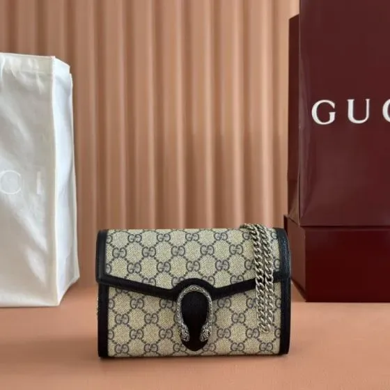 Gucci Dionysus Gg Supreme Chain Wallet Beige Black Woc