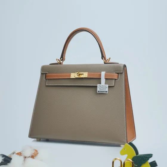 Hermes Kelly สีเทา/สีน้ำตาล Top Handle