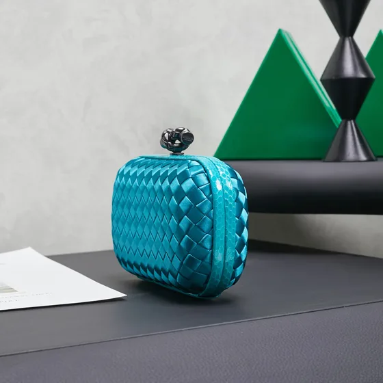 Bottega Veneta Intreccio Satin Knot Clutch Teal Clutch