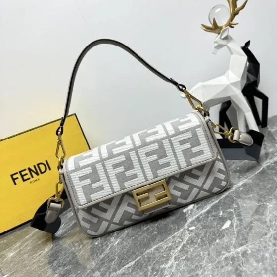 Fendi Baguette White Grey Shoulder Bag