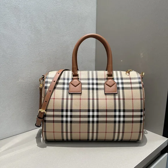 Burberry Check Couro Bowling Bag Bege/Briar Marrom Alça superior