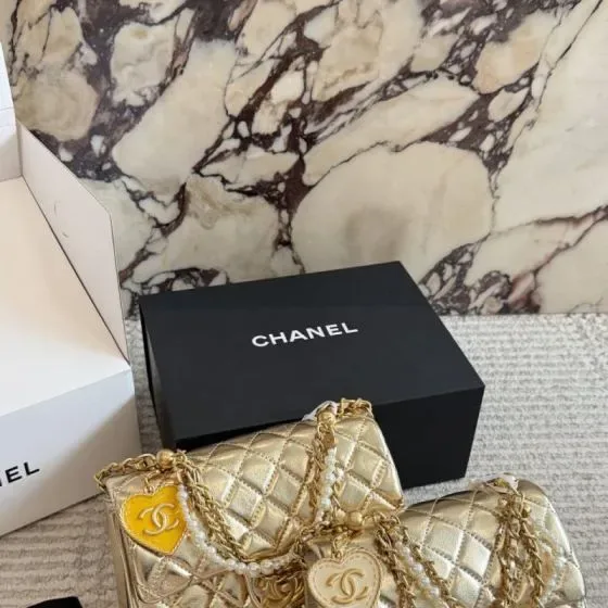 Chanel Heart Charm Pearl Chain Flap Bag Metallic Gold Flap Bag