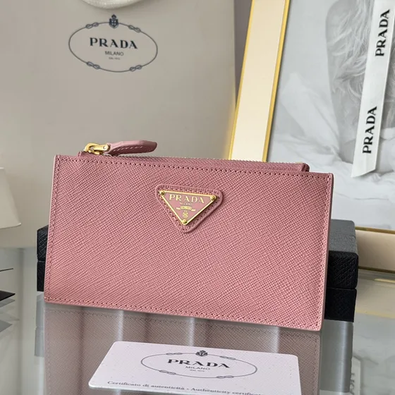 Prada Saffiano Leather Card Holder With Zipper Pocket Pink Card Holder
