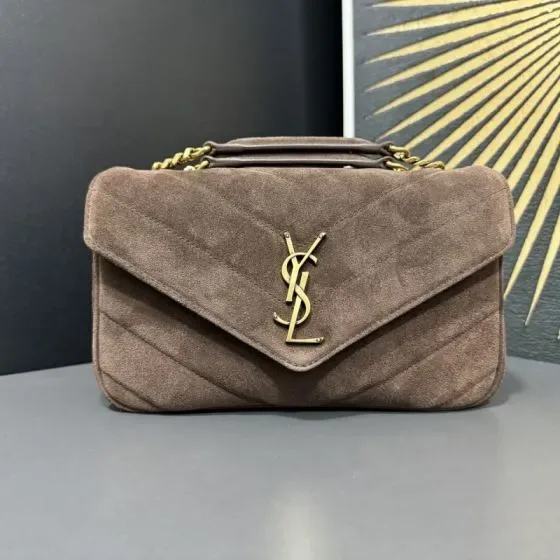 YSL Cassandre Envelope Chain Bag Taupe Brown Suede Shoulder Bag