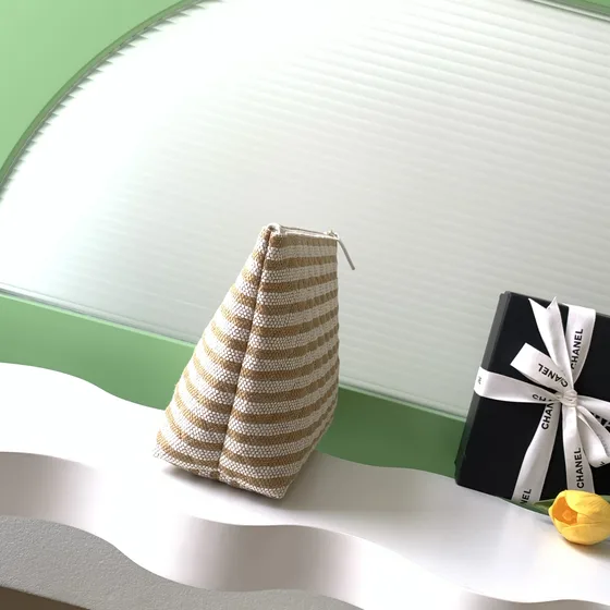 Chanel Classic Quilted Striped Zip Pouch Beige White Clutch