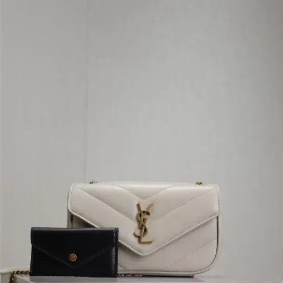 YSL Cassandre Matelass Envelope Chain Wallet Cream White Crossbody