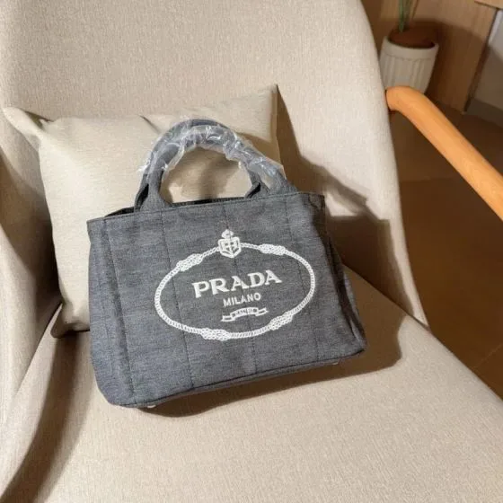 Prada Canvas Embroidered Logo Top Handle Bag Grey Top Handle