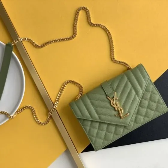 YSL Cassandre Matelass Envelope Chain Wallet Light Avocado Green Woc