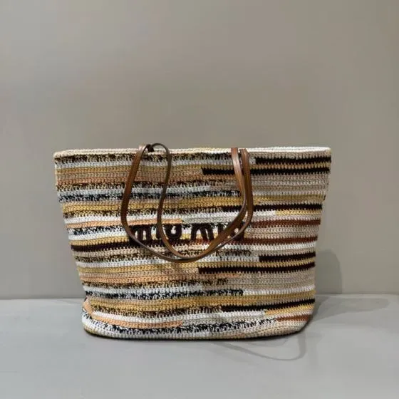 Miu Miu Crochet Raffia-Effect Tote Bag Multicolor Stripe Tote Bag